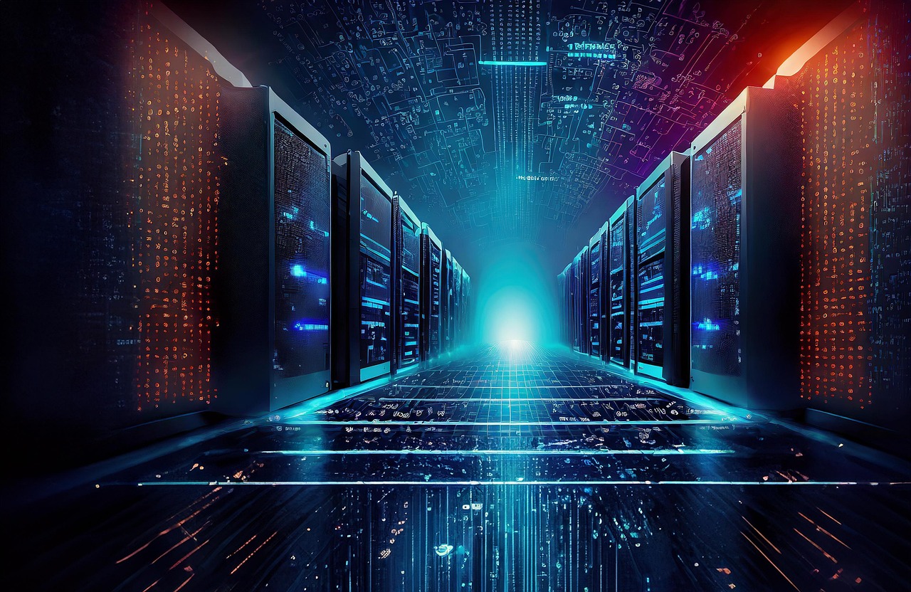 A screen showing futuristic corridor with glowing lights and rows of servers, creating a high-tech and digital atmosphere. A screen showing futuristic corridor with glowing lights and rows of servers, creating a high-tech and digital atmosphere.