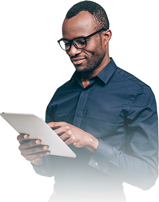 Man with blue shirt and tablet