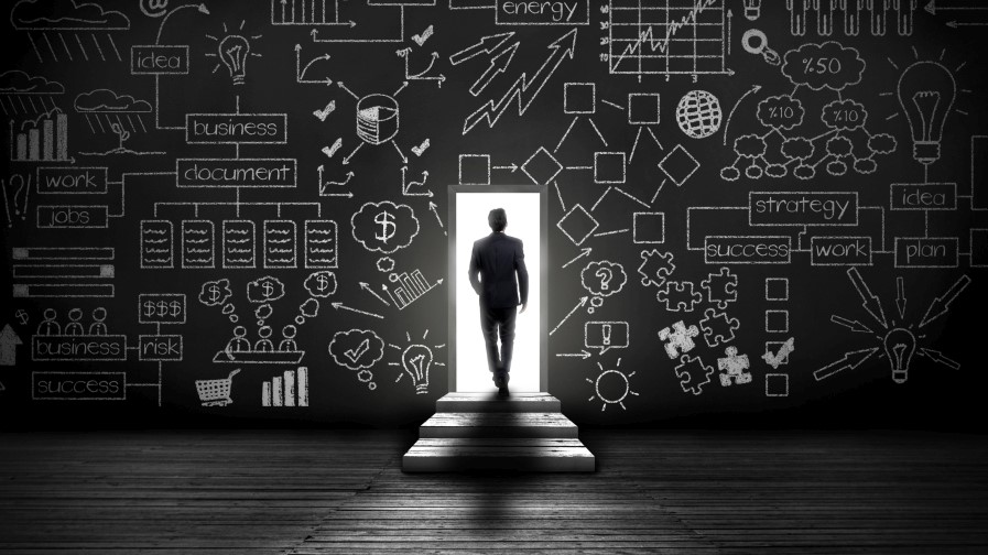 Businessman walking to opened door entering a self study portal for professional certification.